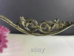 Antique Fenton Bride Basket Cranberry Opalescent Ruffled Edge With Metal Holder