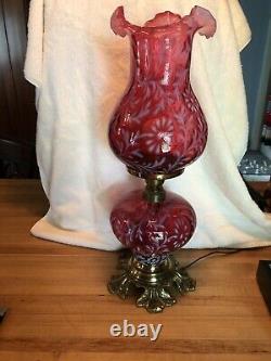 Antique Fenton L. G. Wright daisy & fern cranberry opalescent hurricane lamp 22