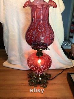 Antique Fenton L. G. Wright daisy & fern cranberry opalescent hurricane lamp 22