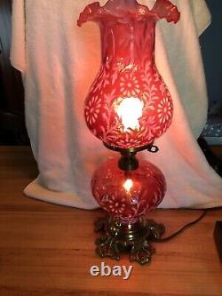 Antique Fenton L. G. Wright daisy & fern cranberry opalescent hurricane lamp 22