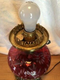 Antique Fenton L. G. Wright daisy & fern cranberry opalescent hurricane lamp 22