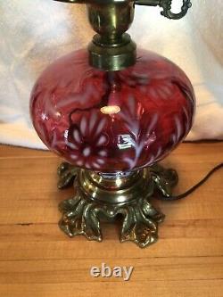 Antique Fenton L. G. Wright daisy & fern cranberry opalescent hurricane lamp 22