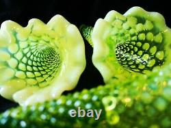 Antique Fenton Vaseline Hobnail Opalescent Fine Art Glass Flower Epergne Vase