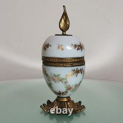 Antique French Art Glass Opaline Casket Trinket Box Floral Hand Painted Ormolu