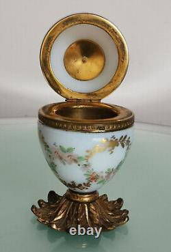 Antique French Art Glass Opaline Casket Trinket Box Floral Hand Painted Ormolu