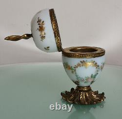 Antique French Art Glass Opaline Casket Trinket Box Floral Hand Painted Ormolu