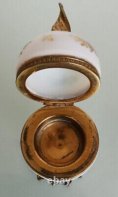 Antique French Art Glass Opaline Casket Trinket Box Floral Hand Painted Ormolu