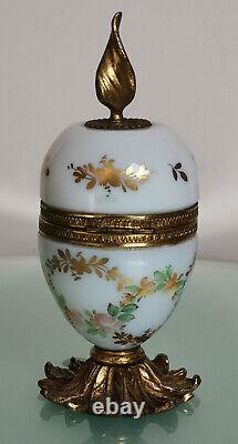 Antique French Art Glass Opaline Casket Trinket Box Floral Hand Painted Ormolu
