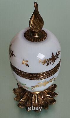 Antique French Art Glass Opaline Casket Trinket Box Floral Hand Painted Ormolu