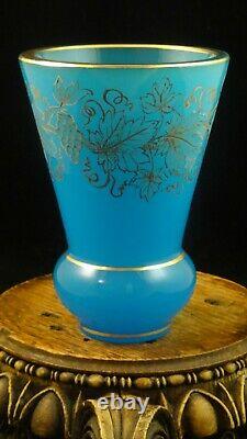 Antique French Bohemian Blue Opaline Etched Cut Grape Vine Art Glass Beaker Cup