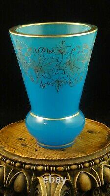 Antique French Bohemian Blue Opaline Etched Cut Grape Vine Art Glass Beaker Cup