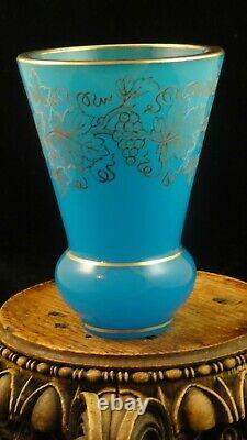 Antique French Bohemian Blue Opaline Etched Cut Grape Vine Art Glass Beaker Cup