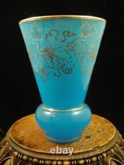 Antique French Bohemian Blue Opaline Etched Cut Grape Vine Art Glass Beaker Cup