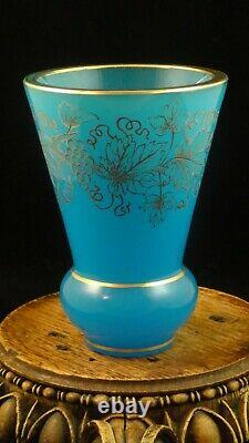 Antique French Bohemian Blue Opaline Etched Cut Grape Vine Art Glass Beaker Cup