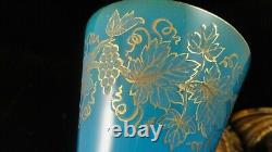 Antique French Bohemian Blue Opaline Etched Cut Grape Vine Art Glass Beaker Cup