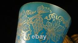 Antique French Bohemian Blue Opaline Etched Cut Grape Vine Art Glass Beaker Cup