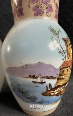 Antique French Bohemian Landscape Scene Opaline Glass Mantle Vases