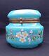 Antique French Dresser Vanity Box Blue Opaline Uranium Glass Stunning Hand Paint