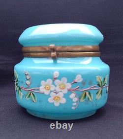 Antique French Dresser Vanity Box Blue Opaline Uranium Glass Stunning Hand Paint
