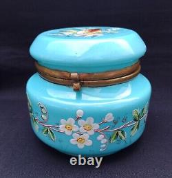 Antique French Dresser Vanity Box Blue Opaline Uranium Glass Stunning Hand Paint