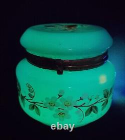 Antique French Dresser Vanity Box Blue Opaline Uranium Glass Stunning Hand Paint