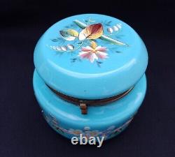 Antique French Dresser Vanity Box Blue Opaline Uranium Glass Stunning Hand Paint