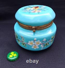Antique French Dresser Vanity Box Blue Opaline Uranium Glass Stunning Hand Paint