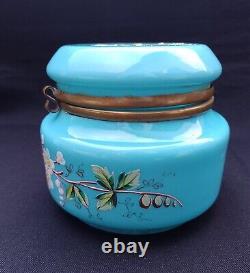 Antique French Dresser Vanity Box Blue Opaline Uranium Glass Stunning Hand Paint