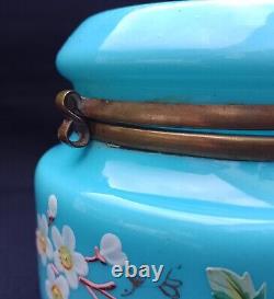 Antique French Dresser Vanity Box Blue Opaline Uranium Glass Stunning Hand Paint
