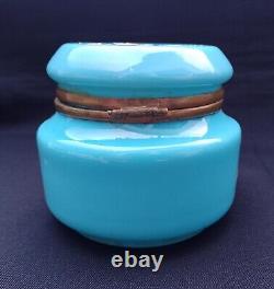 Antique French Dresser Vanity Box Blue Opaline Uranium Glass Stunning Hand Paint