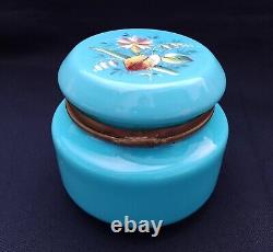 Antique French Dresser Vanity Box Blue Opaline Uranium Glass Stunning Hand Paint