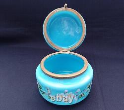 Antique French Dresser Vanity Box Blue Opaline Uranium Glass Stunning Hand Paint