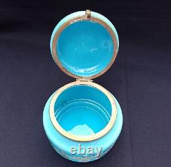 Antique French Dresser Vanity Box Blue Opaline Uranium Glass Stunning Hand Paint