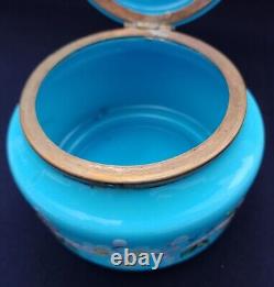 Antique French Dresser Vanity Box Blue Opaline Uranium Glass Stunning Hand Paint