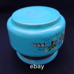 Antique French Dresser Vanity Box Blue Opaline Uranium Glass Stunning Hand Paint