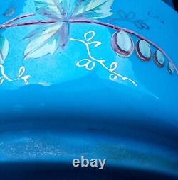Antique French Dresser Vanity Box Blue Opaline Uranium Glass Stunning Hand Paint