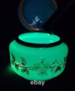 Antique French Dresser Vanity Box Blue Opaline Uranium Glass Stunning Hand Paint