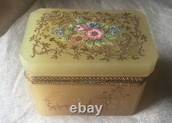 Antique French Floral Enameled Opaline Glass & Ormolu dresser Casket, Jewelry Box