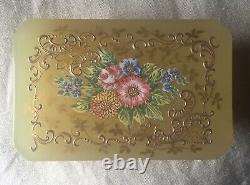 Antique French Floral Enameled Opaline Glass & Ormolu dresser Casket, Jewelry Box