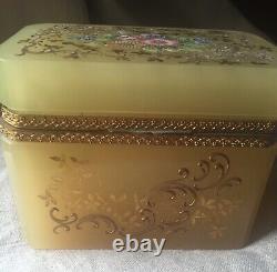 Antique French Floral Enameled Opaline Glass & Ormolu dresser Casket, Jewelry Box