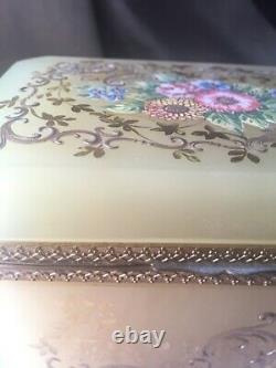 Antique French Floral Enameled Opaline Glass & Ormolu dresser Casket, Jewelry Box