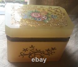 Antique French Floral Enameled Opaline Glass & Ormolu dresser Casket, Jewelry Box