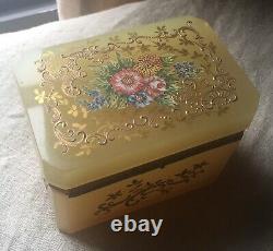 Antique French Floral Enameled Opaline Glass & Ormolu dresser Casket, Jewelry Box