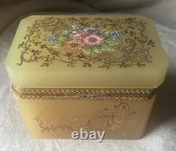 Antique French Floral Enameled Opaline Glass & Ormolu dresser Casket, Jewelry Box