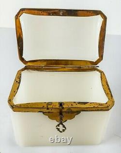Antique French Gilt Bronze Mounted White Opaline Glass Dresser Box As Is