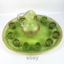 Antique French Napoleon III Cabaret, Green Opaline & Raised Gold Carafe, Tray +