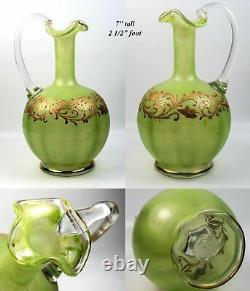 Antique French Napoleon III Cabaret, Green Opaline & Raised Gold Carafe, Tray +