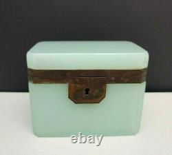 Antique French Opaline Art Glass Jewelry Casket Box Celadon Green Glass