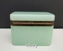 Antique French Opaline Art Glass Jewelry Casket Box Celadon Green Glass