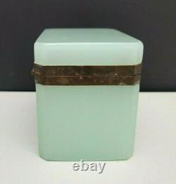 Antique French Opaline Art Glass Jewelry Casket Box Celadon Green Glass